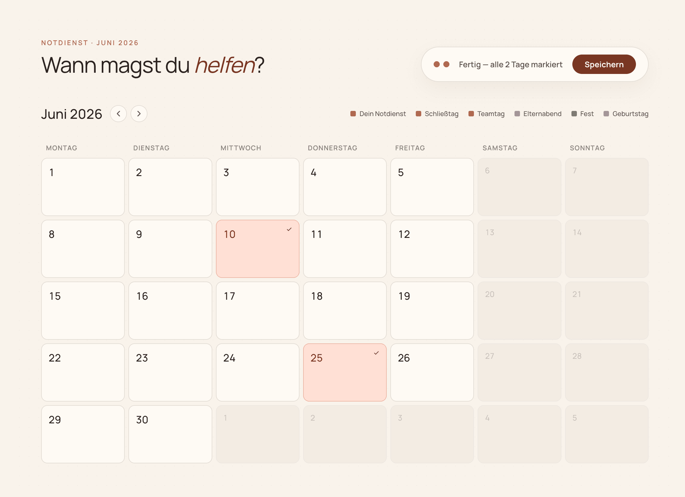 Notdienst-Kalender im Kita-Planer mit ausgewählten Tagen im Juni 2026