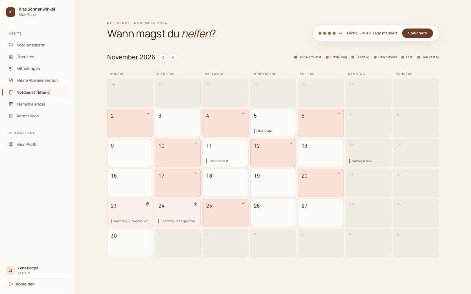 Notdienst-Kalender für November 2026 mit acht ausgewählten Tagen und einem gesperrten Teamtag